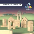 "EXTRAVIELE BAUSTEINE-SET", "My 1st BLOCK WORLD". Holzbausteine bilden einfache Strukturen vor hügeliger Landschaft.