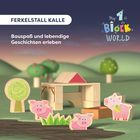 Text: "FERKELSTALL KALLE", "Bauspaß und lebendige Geschichten erleben". Holztiere und Gebäude; bunte Landschaft.