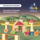 "Hühnerhof Kikeriki" in großem Text. Darunter: "Bauspaß und lebendige Geschichten erleben". Bauklötze formen Hühnerhof.