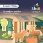 Text: "PONYHOF PAULA", "Bauspaß und lebendige Geschichten erleben". Illustration von Holzspielzeug mit Pferden und einer Scheune.