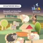 "Schafweide Walli. Bauspaß und lebendige Geschichten erleben." Illustration von Tieren und Bäumen auf grüner Wiese.