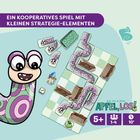 „Ein kooperatives Spiel mit kleinen Strategie-Elementen“. „Auf die Plätze, Apfel, los!“. Cartoon-Schlange auf Spielbrett.