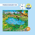 „Puzzle Zahlen 1-20“ steht oben. Darunter viele Wildtiere um einen Teich: Löwen, Elefanten, Giraffen, Vögel und mehr.