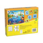"Puzzle ABC, 6+ Jahre, 100 Teile, 45 x 36 cm" in buntem Design mit Tiermotiven und Buchstaben auf orangem Hintergrund.