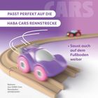Passt perfekt auf die HABA Cars Rennstrecke. Saust auch auf dem Fußboden weiter. Lila Auto fährt auf einer Schiene.