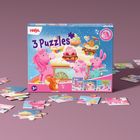 "3 Puzzles", "HABA", "3+", mit Einhörnern, einem Eichhörnchen und Gebäck. Bunte Puzzle-Teile um die Box herum.