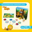 Logo: "Die Biene Maja." Illustration eines Brettspiels mit Bienenmotiv und bunten Spielsteinen.