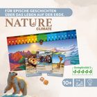 „Für epische Geschichten über das Leben auf der Erde. NATURE CLIMATE.“ Eine Spiele-Illustration mit Tieren und Landschaft.