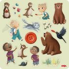 „HABA“ in der Ecke. Illustration mit Kindern, Tieren, Knopf, Schnecke und Pflanzen. Lebhaft und bunt.