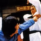 Zwei Personen in einem Kung-Fu-Kampf; eine in blauem Outfit, die andere in weißem mit schwarzem Gürtel. Hintergrund: Gebäude.