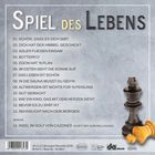 Der Text "Spiel des Lebens" listet 13 Liedtitel auf. Unten sind Schachfiguren abgebildet.