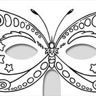 Schmetterlingsmaske mit Stern- und Kreisdekoration, verziert mit geschwungenen Linien und Antennen.