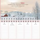 Ein Kalender mit dem Zitat von Simone Signoret über Ratschläge und Schnee. Winterlandschaft mit rotem Haus und schneebedeckten Bäumen.