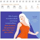 Text: "Die Leute werden dich sowieso verurteilen, also kannst du genauso gut tun, was du willst." Illustration: Frau in rotem Outfit. Kalender für Ende Dezember bis Anfang Januar.