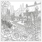 Illustration eines idyllischen Gartens: Viele Rosen und Blumen umrahmen einen gepflasterten Weg zu einem Fachwerkhaus.