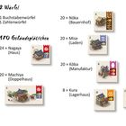 4 Spielpläne, 2 Würfel, 120 Münzen (Koku), 170 Gebäudeplättchen. Enthält verschiedene Gebäudetypen und Symbole.