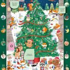 Text links: "Mhm, leckere Weihnachtsplätzchen!" Mitte: Tiere um einen geschmückten Weihnachtsbaum. Weihnachten.