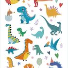 Illustration von bunten Dinosauriern mit Ballons, Herzen und Blumen in kindlichem Stil.