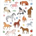 Illustration von verschiedenen bunten Pferden, Blumen, Schmetterlingen und Hufeisen auf weißem Hintergrund.