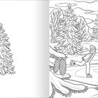 Links ein geschmückter Tannenbaum, rechts Eisläufer vor einer Winterlandschaft mit Hütte. Skizzen-Stil.