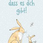 "Schön, dass es dich gibt!" Zwei Hasen – ein Großer sitzt, ein Kleiner steht und hält eine Blume – auf sternengemustertem Hintergrund.