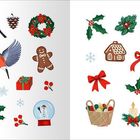 Weihnachtliche Illustrationen: Stechpalmen, Weihnachtsbaum, Vogel, Mistelzweig, Schneekugel und Lebkuchenmännchen.