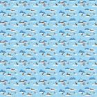 Illustration: Wiederholte Winterlandschaft mit Hase in Schneefeldern, schneebedeckte Hütten und Bäume auf blauem Hintergrund.