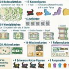 24 Bodenplättchen, 17 Katzenfiguren, 5 Aufkleber, 54 Wandplättchen, 20 Aktionskarten, 16 Missionskarten, Säulen.