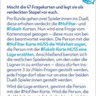 Spielbeschreibungstext mit blauen Symbolen: eine Hand mit gekreuzten Fingern und eine Hand, die ein Herz hält.