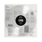 Vinyl mit transparentem Design. Schwarzes Etikett in der Mitte mit Text: "INS BLAU A". Texte umfassen Liedtitel und Verse.