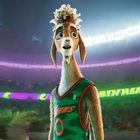 Ein lamahaftes Tier im Trikot vor einem Stadion. Das Trikot zeigt "Gnarls" und die Nummer Null.