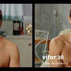 Links: "online joão 32, 0 km de distância". Rechts: "online vitor 30, 1 km de distância". Beide lächeln. Shirtlose Männer.