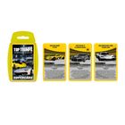 "Top Trumps" Kartenspiel über Supercars mit drei Karten: McLaren P1 GTR, Bugatti La Voiture Noire, Mercedes-AMG Project One.