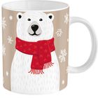 Kaffeetasse mit Illustration: Ein lachender Eisbär trägt einen roten Schal, umgeben von Schneeflocken auf beige Hintergrund.