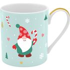 Illustration eines Weihnachtsmanns mit rotem Hut, Zuckerstange, Schneeflocken und Herzen auf einer Tasse.