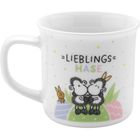 Tasse mit "LIEBLINGS HASE", zwei Schafe, ein Hase, bunte Ostereier und Pünktchen.
