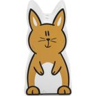 Illustration eines stilisierten, lachenden Hasen in Braun und Weiß mit geschlossenen Augen und langen Ohren.