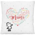 Worte in Herzform: "Mama, wunderschön, klug, mutig, lieb, weise". Niedliches gezeichnetes Schaf daneben.