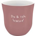 Du & Ich → Wir. Ein rosafarbener Becher mit weißem Inneren.
