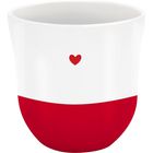 Ein weißer Becher mit einem kleinen roten Herzsymbol in der Mitte und einem roten unteren Bereich.