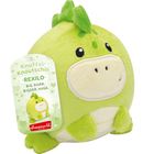 "Knuffel-Knautschis REXILO: Big Roar. Bigger Hugs." Grünes, rundes Stofftier mit freundlichem Gesicht und Schildern.