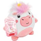 Text auf Etikett: "Knuffel-Knautschis LUNELLA, SPARKLE & SNUGGLE." Ein rundes, lächelndes Plüschtier-Einhorn in Weiß und Rosa.