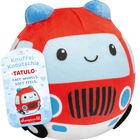 Text: "Knuffel-Knautschis TATULO FAST WHEELS. SOFT FEELS." Ein rotes, lächelndes Kuscheltier in Form eines Autos.