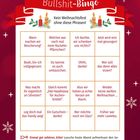 Texte: "Bullshit-Bingo", "Kein Weihnachtsfest ohne diese Phrasen!", "Wann machen wir Bescherung?". Weihnachtliche Bingo-Karte.