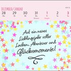 Kalender für Dezember/Januar, Wochenübersicht. Text: "Auf ein neues Lieblingsjahr voller Lachen, Abenteuer und Glücksmomente!" Ummantelt von bunten Sternen.