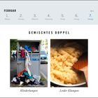 FEBRUAR, Kalenderwoche 5. Bild: Links Kleider aus Container, rechts Kartoffelbrei in Topf. Text: "GEMISCHTES DOPPEL".
