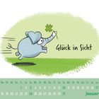 "Glück in Sicht" steht neben einem rennenden, blauen Elefanten mit Kleeblatt. Darunter ein Januar-Kalender.
