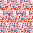 Muster aus bunten Blumen und Blättern auf rosa Hintergrund. Enthält stilisierte und vielfältige Pflanzen.