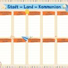 Text oben: Stadt – Land – Kommunion. Tabellen mit Kategorien wie Buchstabe, Person aus der Bibel. Bunte Illustrationen.