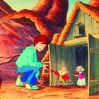 Eine Person in blau kniet vor zwei kleinen Figuren neben einem Holzhaus, es scheint eine Szene aus einer Märchenillustration zu sein.